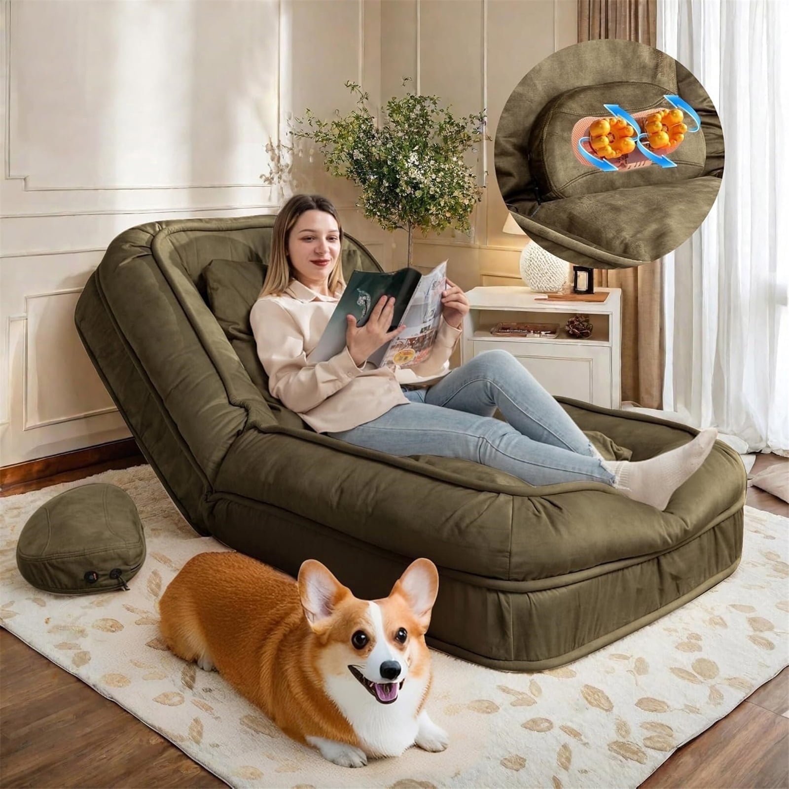 LEHZROAJ Velvet Upholstered Bean Bag Chairs,5-Position Adjustable 2 Soft Pillows Massage Floor Sofa,Multi-Functional  Human Dog Bed for Living Room(Green)
