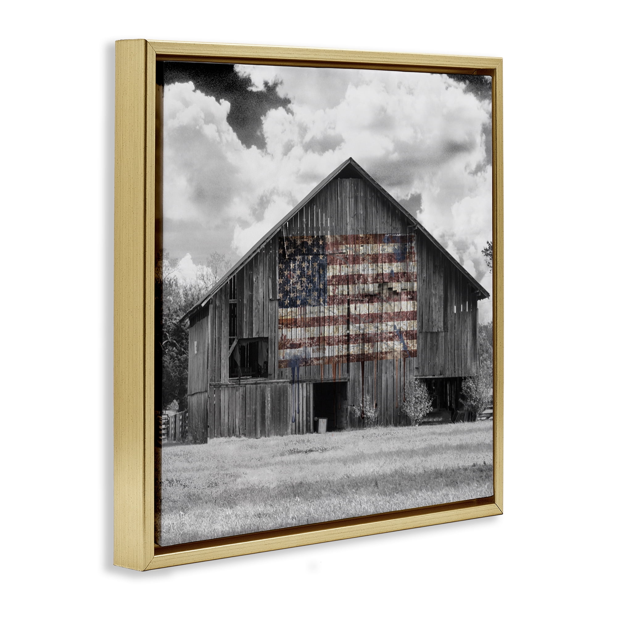 USA Flag Monochrome Barn Gold Framed Floater Canvas Wall Art, design by Decent Exposures