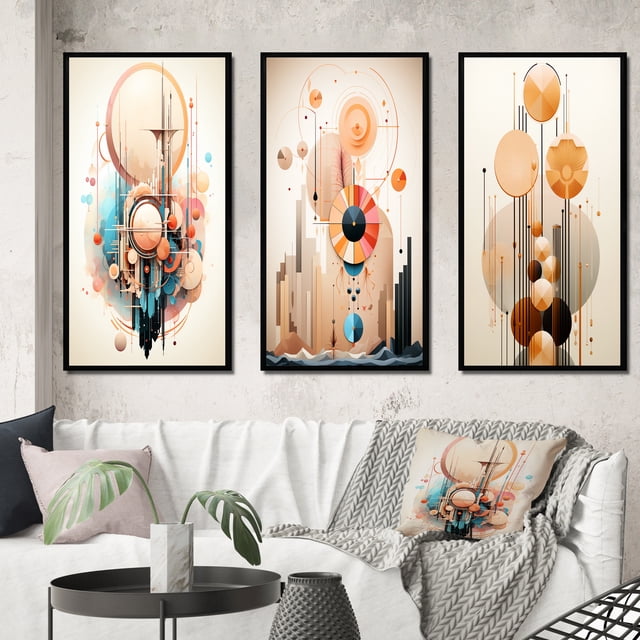 Designart "Nouveau Abstract Geometric Elegance II" Modern Geometric Framed Wall Art Set Of 3 - Beige Abstract Frame Canvas Set For Living Room Decor