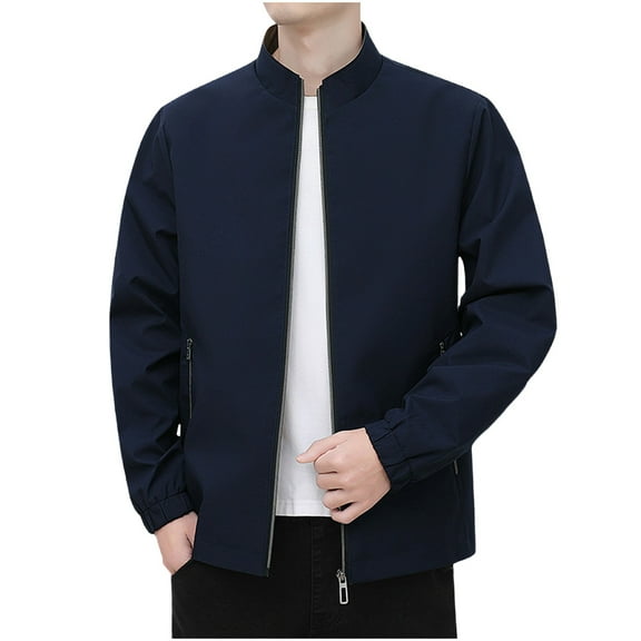 HOOMEUMY Men's Zipper Stand Collar Long Sleeve Jacket Solid Color Windbreaker Baseball Jacket Thin Lightweight Autumn Coat Outerwear Blue XXXXXL
