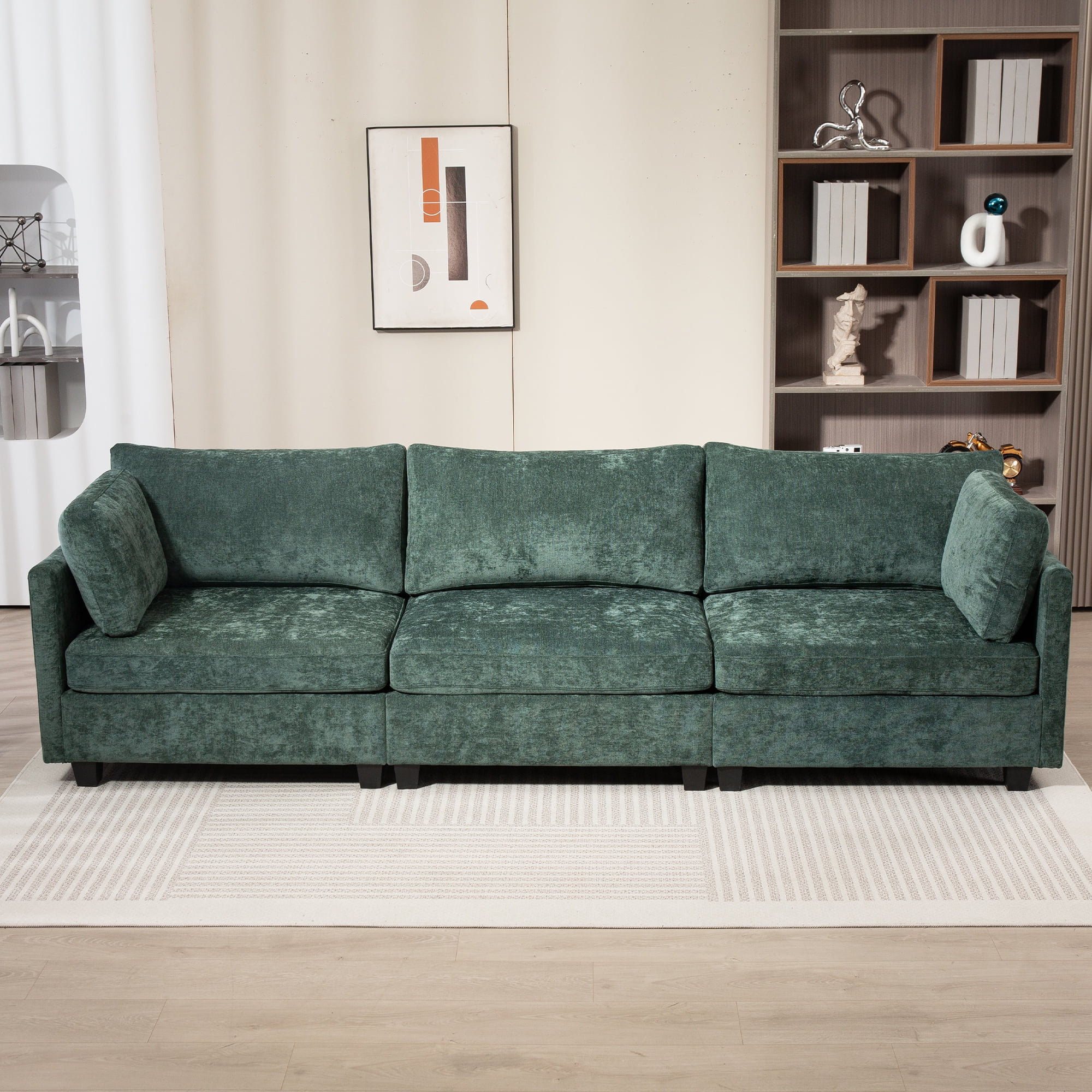 111.42*32.28 inches Comfortable three-seater chenille fabric sofa, soft to sit on, with super soft cushions and side pockets, suitable for living room, apartment. Three-seater deep sofa,Dark Green