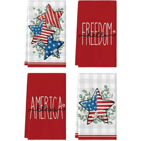 Stars Eucalyptus Freedom Patriotic 4th of July Kitchen Towels Dish Towels, 18x26 Inch Seasonal Summer Decoration Hand Towels Set of 4