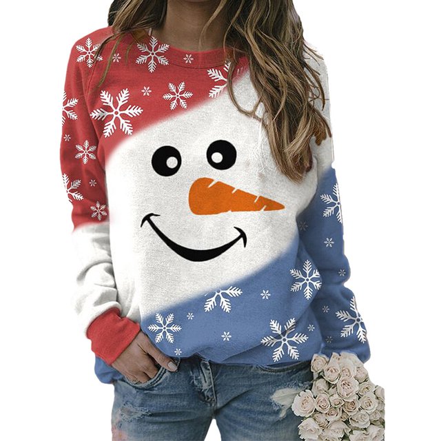 Hauts pour Femmes Automne Noël Snowman Imprimé Style Ample Col Rond T-shirt à Manches Longues Chandail Décontracté