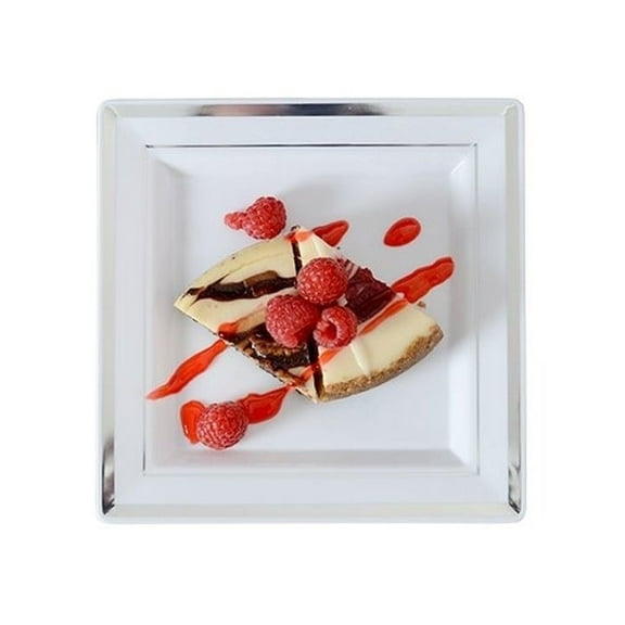 Silver Splendor 7.25" Square White w/ Silver Band Plastic Dessert Plates *Case of 120*