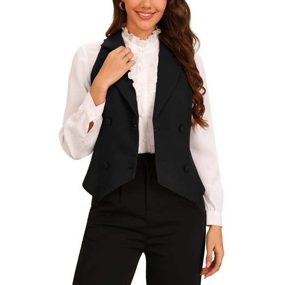 INSPIRE CHIC Women's Waistcoat Notched Lapel V Neck Double Breasted Sleeveless Suit Vests XS Black