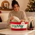thumbnail image 5 of Christmas Cotton Rope Storage Basket Decorative Woven Basket with Embroidered Holiday Xmas Gift Basket for Gifts Candy Toy Home Table Decor, for Shelf, Desk and Bathroom Storage, Style D, 5 of 7