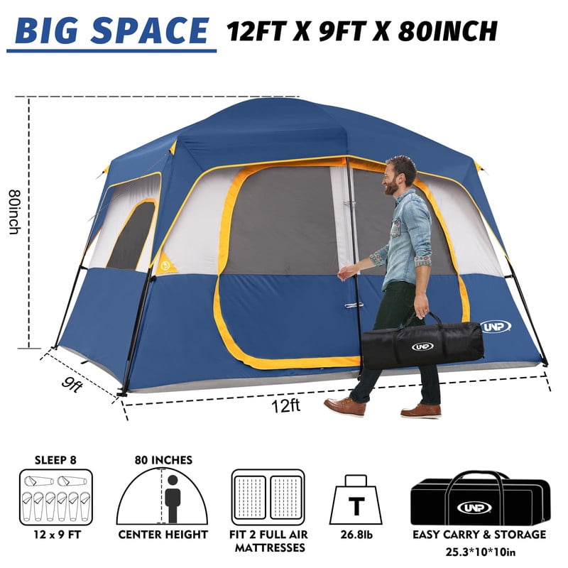 Camping Tent 8 Person, Waterproof Windproof Tent with Rainfly Easy Set up-Portable Dome Tents for Camping