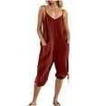 thumbnail image 5 of Womens Casual Linen Jumpsuit with Pocket Spaghetti Strap Capris Pants Rompers V Neck Lace-Up Loose Fit Summer Outfits, Red, M, 5 of 6