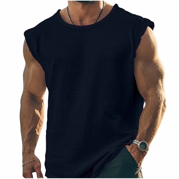 LEKWK Mens Tank Top Linen Lightweight Crew Neck Casual Muscle Shirts Breathable Loose Fit Comfy Solid Summer Tops Fashion Beach Vacation Daily Outfits