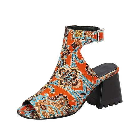 

Women s Sandals Fashion Solid Color Flock Hollow Open Toe Thick High Heeled Buckle Roman Sandals for Women Orange Size 8