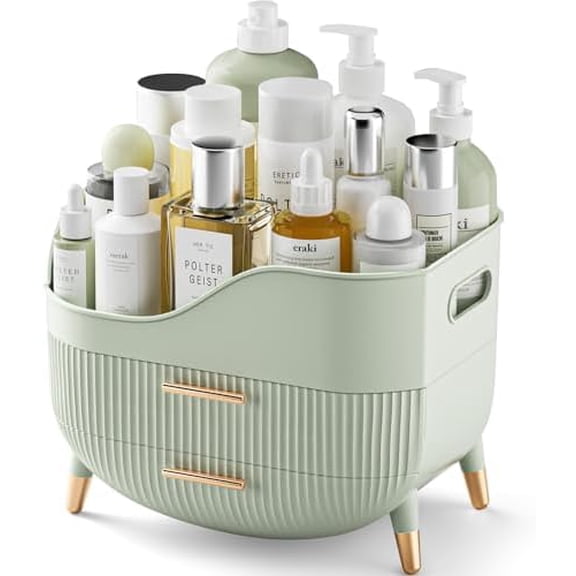 Makeup Organizer with Drawers, Green Skincare Organizer for Vanity, Storage Box with Handle, Large Cosmetic Display Case for Dresser, Bathroom Countertop