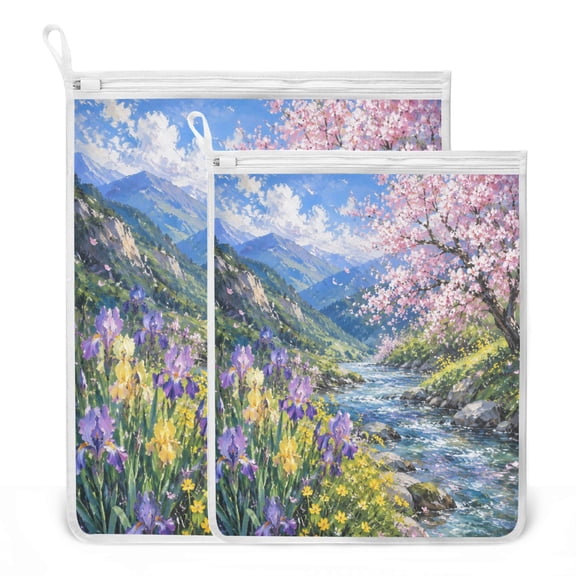 2 Pack Mesh Laundry Bags Pink Cherry Blue River Durable Polyester Wash Bags with Zipper 2 Sizes Reusable Delicates Bag for Washing Machine Travel Storage