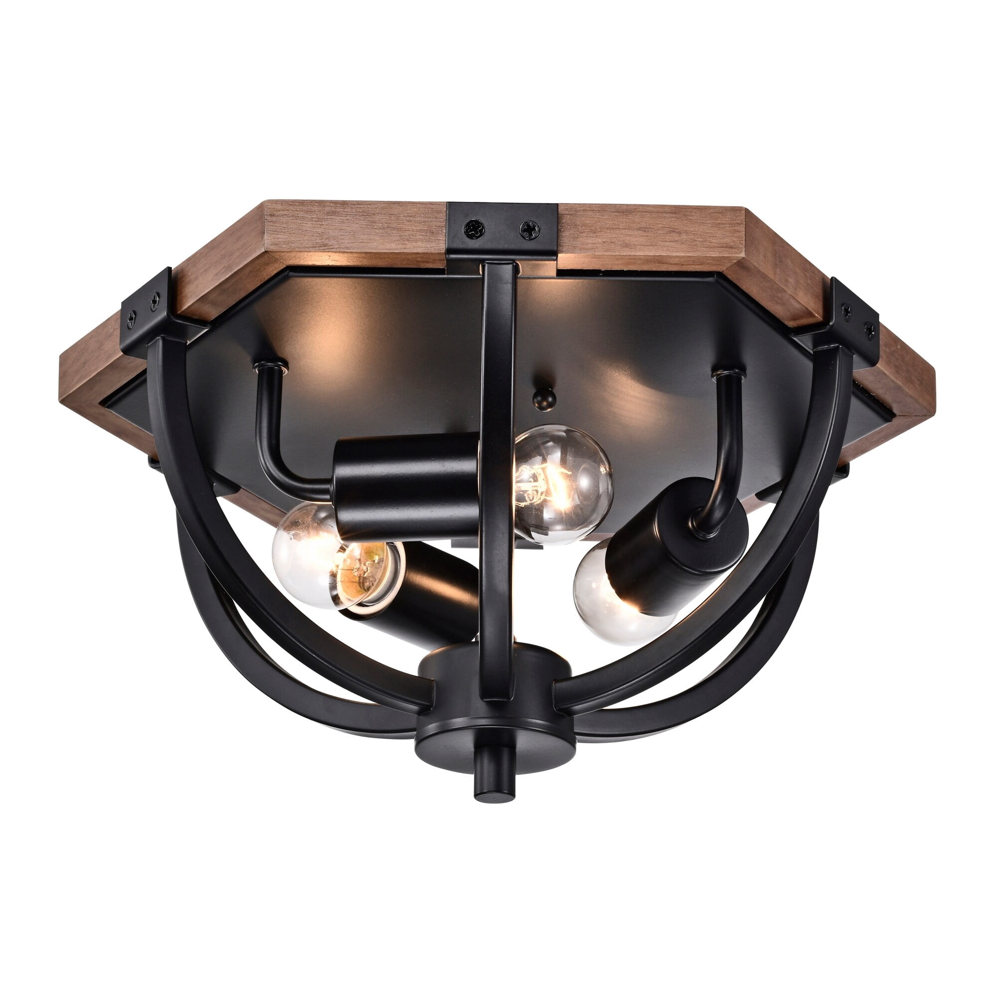 Fiona 12 in. 3-Light Indoor Matte Black and Faux Wood Grain Finish Flush Mount with Light Kit