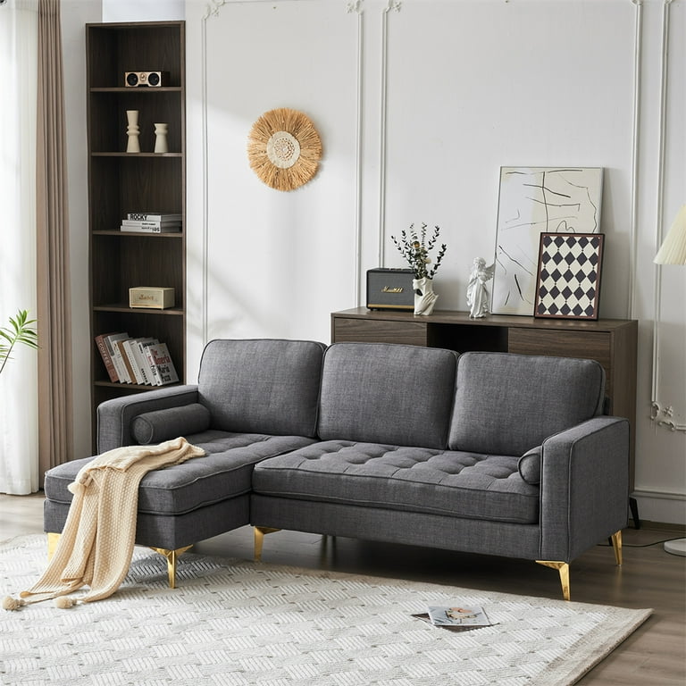 Convertible Sectional Sofa with Reversible Chaise L Shaped 3 Seater Sofa Couch with Metal Legs and Two Pillows Modern Burlap Upholstered Corner