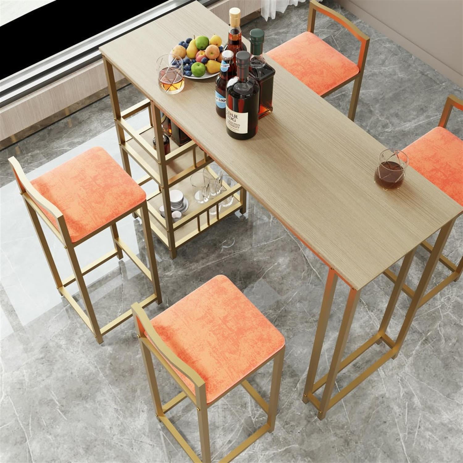 Demi Bonn 5-Piece Dining Table Set with 4 Upholstered Bar Stools and Storage, Kitchen Bar Table Furniture Sets for Dining Room, Apartment, Orange