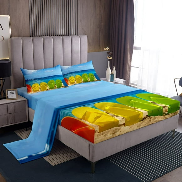 Homewish Ensemble de Draps Plage Océan Format Très Grand Enfants Ados Style Vacances à Hawaï Ensemble de Literie 4 Pcs Hommes Garçons Filles Déco de Chambre Tongs Colorées Drap-Housse Romantique Mer Drap Plat Supérieur Bleu,2 Taies d'Oreiller