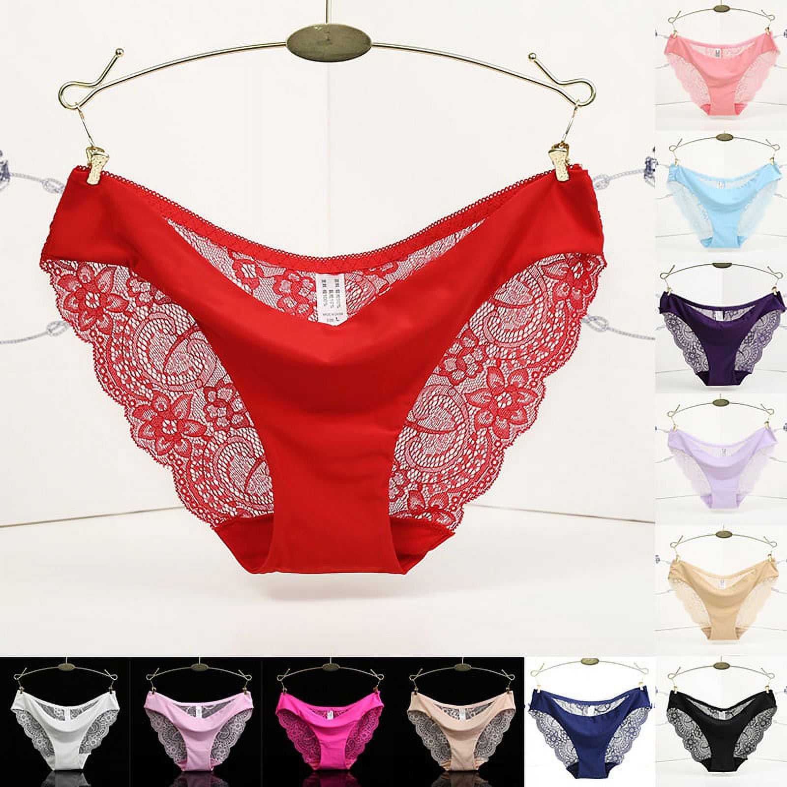 Women's Sexy Lace Panties Seamless Cotton Breathable Panty Hollow Briefs  Girl Underwear Red XL 