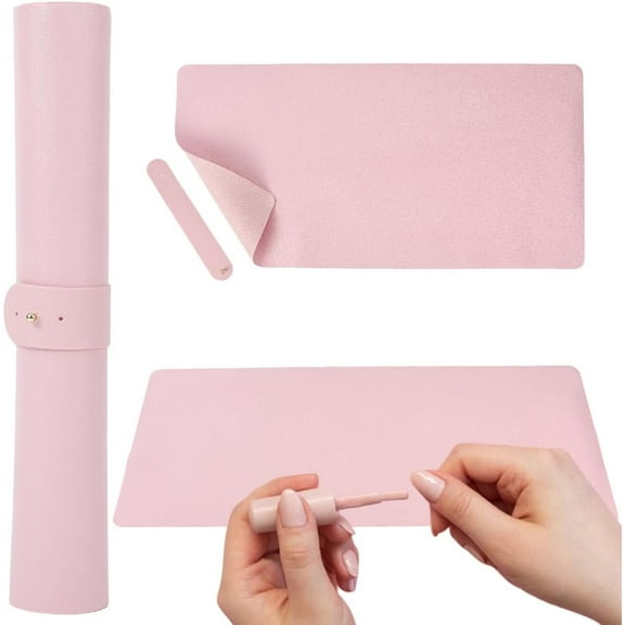 Pink Nail Art Table Mat Foldable Soft Single Side PU Leather Arm Hand Rest Pad Non Slip Waterproof Protective Washable Computer Keyboard Desk Mats for Home Manicure Salon Work Writing Gaming