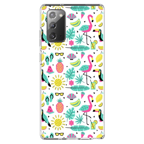 DistinctInk Clear Shockproof Hybrid Case for Samsung Galaxy Note 20 (6.7" Screen) - TPU Bumper, Acrylic Back, Tempered Glass Screen Protector - Summer Graphics - Flamingo Pineapple Sun Glasses