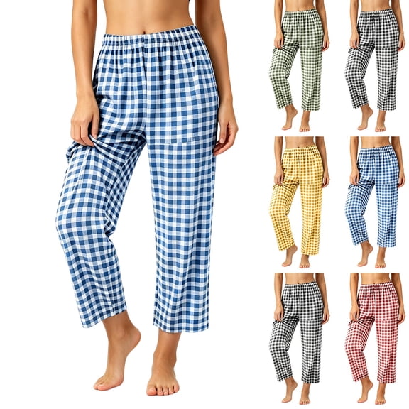 JSROAC Women Plaid Pants 2026 Elastic Waist Wide Leg Casual Lounge Pants Gingham Check Relaxed Fit Checkered Pajama Pants For Daily Wear