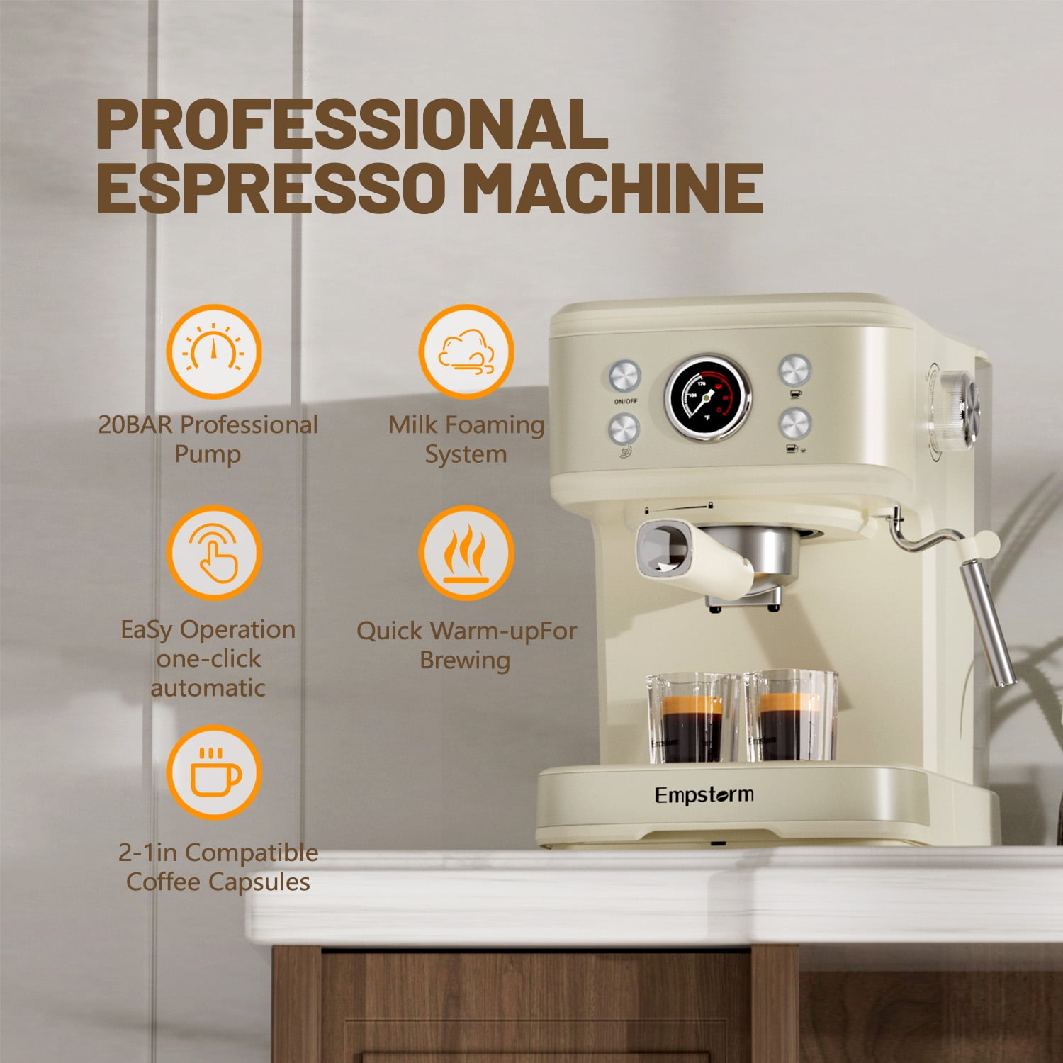 20 Bar Espresso Machine with Milk Frother Steam Wand, 3-in-1 Coffee Maker, Compatible with NS Pods, Stainless Steel, for Latte & Cappuccino, Beige
