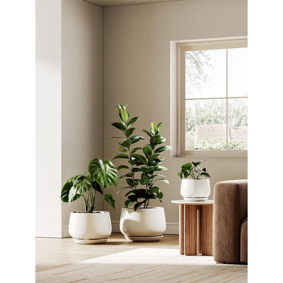 Ceramic Planter, 10 Inch Plant Pot with Drainage Hole & Saucer – Indoor Planter for Decor, White
