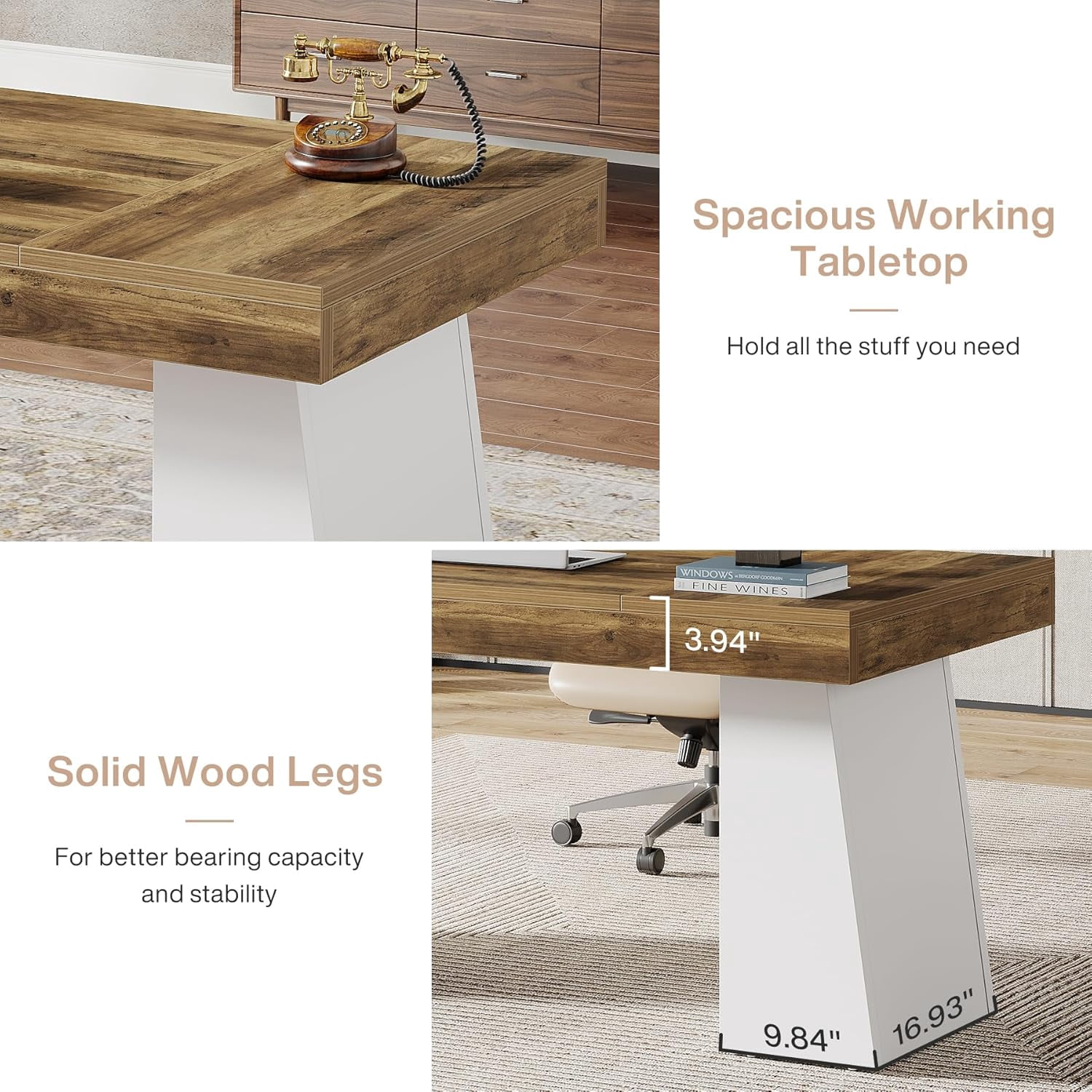 Tribesigns Modern Wood Executive Desk, 55" Computer Table Office Desk, Small Conference Table, White & Brown