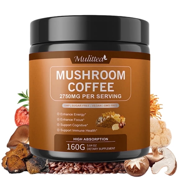 Mulittea Mushroom Coffee with Ashwagandha & Collagen – Lion's Mane, Cordyceps & Chaga Blend for Energy & Immune Support, Focus & Mental Clarity - Sugar-Free Instant Coffee Powder -50 Servings
