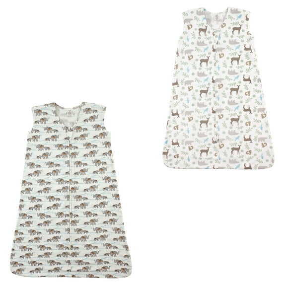 Touched by Nature Organic Cotton Safe Sleep Wearable Blanket Sleeping Bag 2 Pack, Forest and Elephants, 6-12 Months