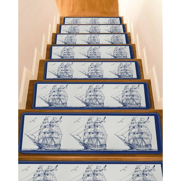Nautical Ship Stair Treads for Wooden Steps Indoor Runner Rug Carpet, Blue Coastal Ocean Birds Boat Vintage 15 Pieces Peel and Stick Staircase Step Treads Covers Washable Throw Door Mats, 30"x8"