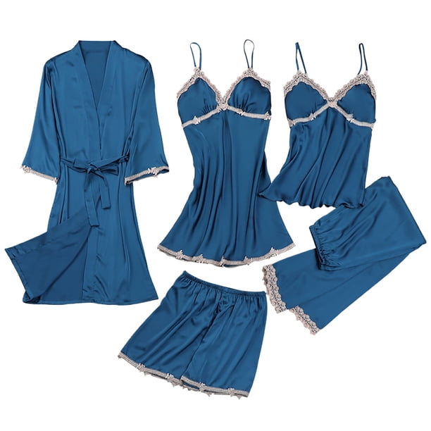 Conjuntos de pijama para mujer Umfun, de satén liso, de seda, para dormir, camiseta sin mangas, pantalones cortos, vestidos, batas, conjuntos de pijama de cinco piezas, conjunto de estar por casa a