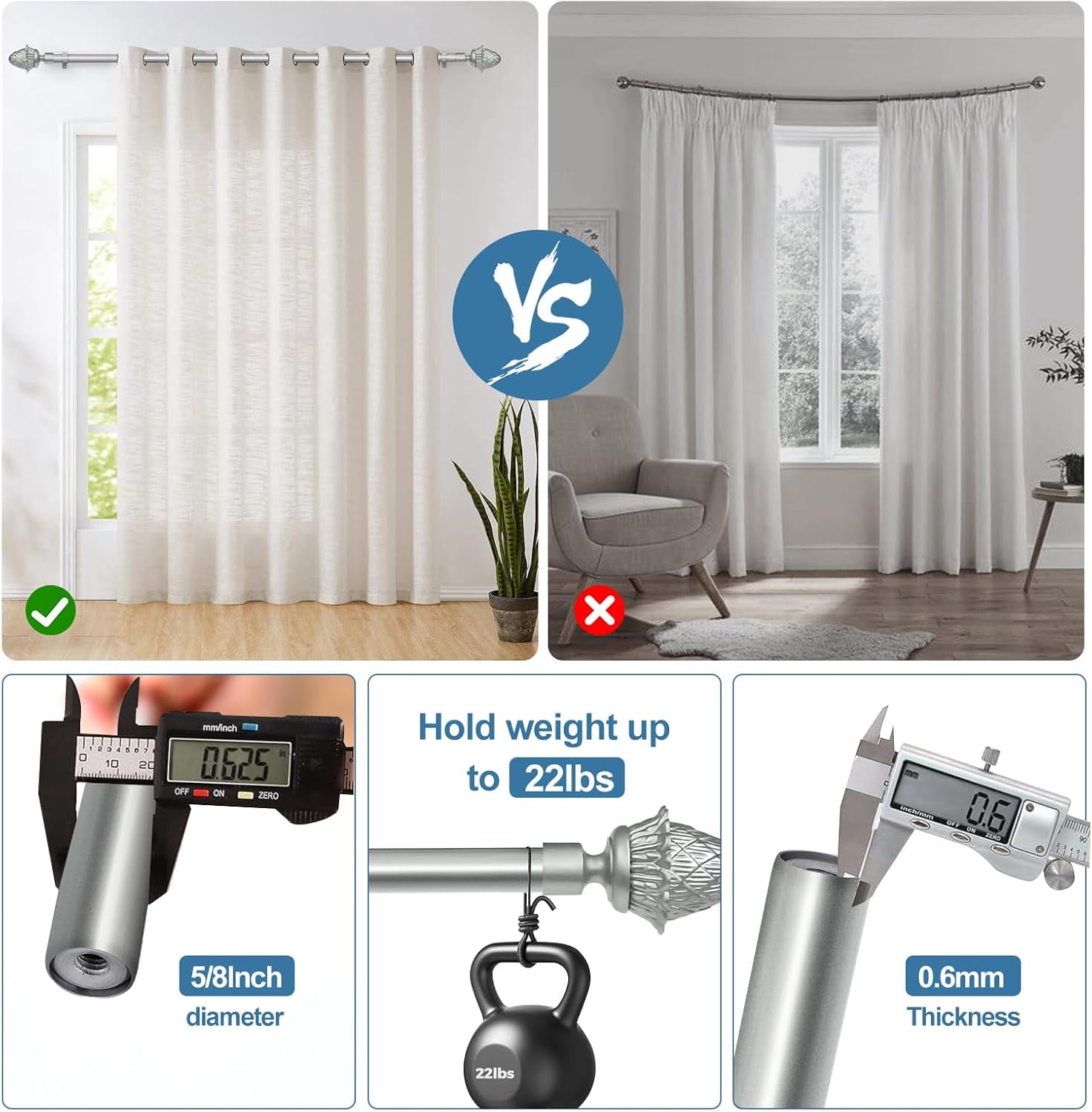 Urbanest Adjustable Single Curtain Rod Set With Artichoke Finials – 5/8-Inch Diameter, Pewter, 28–48 Inches