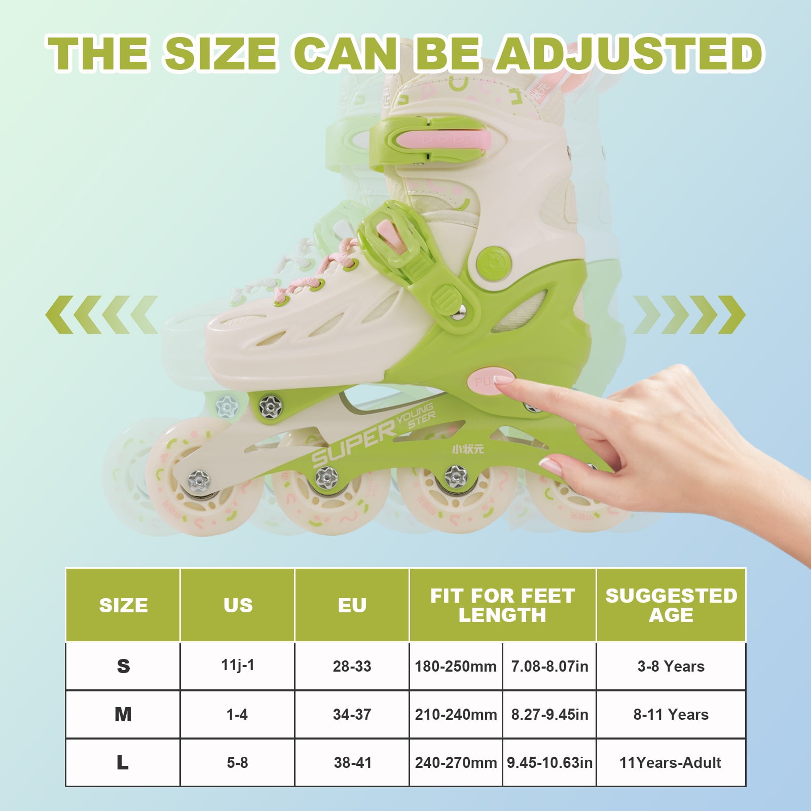 Adjustable Inline Skates with Light up Wheels, Outdoor Roller Skates for Kids Girls Boys Youth Beginners (Large, Green)