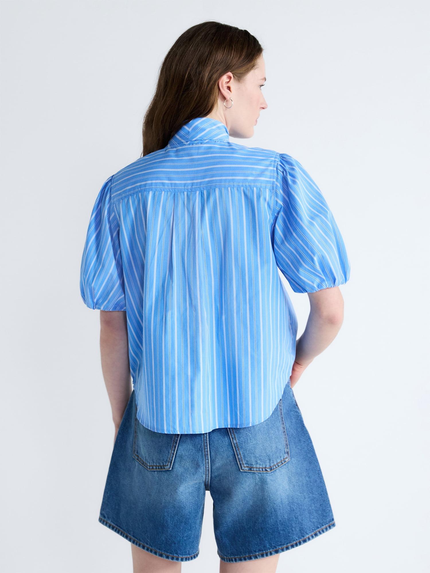 Free Assembly Women's Cotton Bow Blouse with Short Puff Sleeves, Sizes XS-XXL