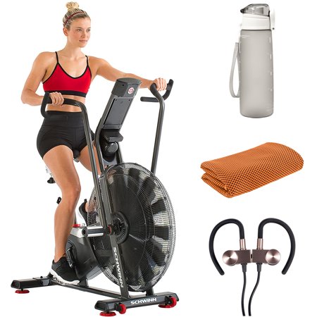 Schwinn 100625 AD7 Airdyne Excersize Bike Bundle with Deco Essentials 27 Ounce Water Bottle, Workout Cooling Sport Towel and Deco Gear Magnetic Wireless Sport Earbuds