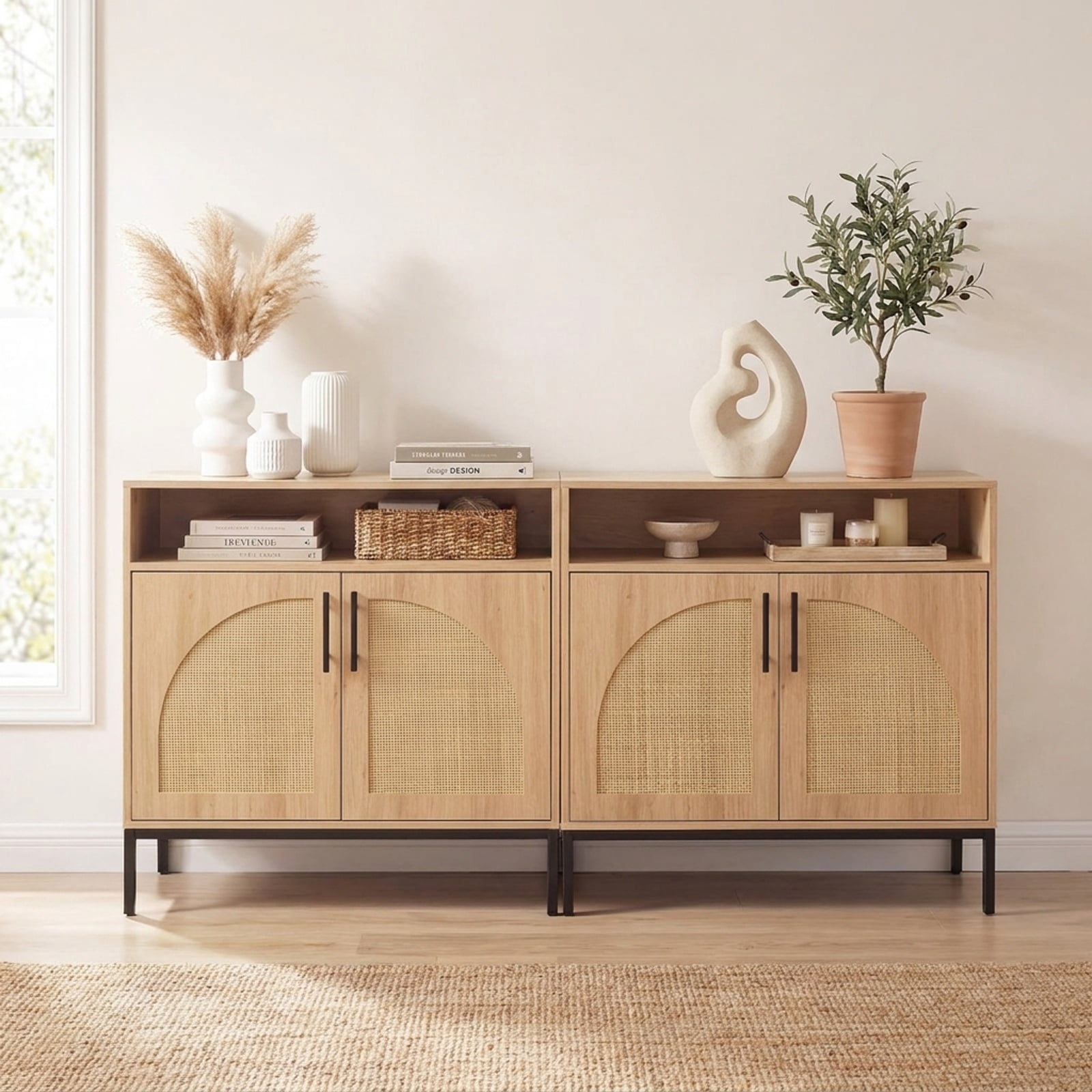 Furnibear 32" Sideboard Buffet Cabinet with 2 Natural Rattan Decorated Doors and Adjustable Shelf for Kitchen Dining Living Room Buffet, Natural