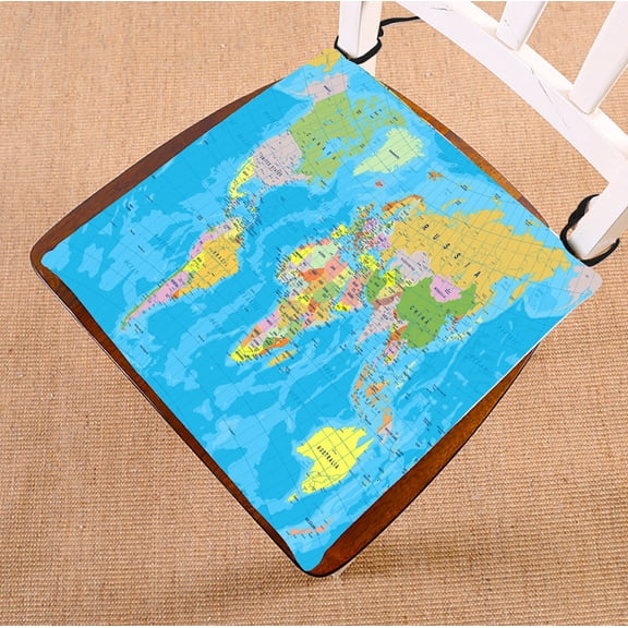 PHFZK Educational Chair Pad, Colored World Map with Countries and Cities Name Seat Cushion Chair Cushion Floor Cushion Two Sides Size 16x16 inches