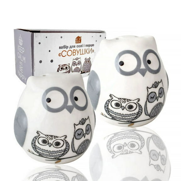 STP GOODS Owls Ceramic Salt and Pepper Shaker Set 2.36x2.36" (6x6 cm) Spice Dispensers Spice Containers Spice Jars, White and Gray