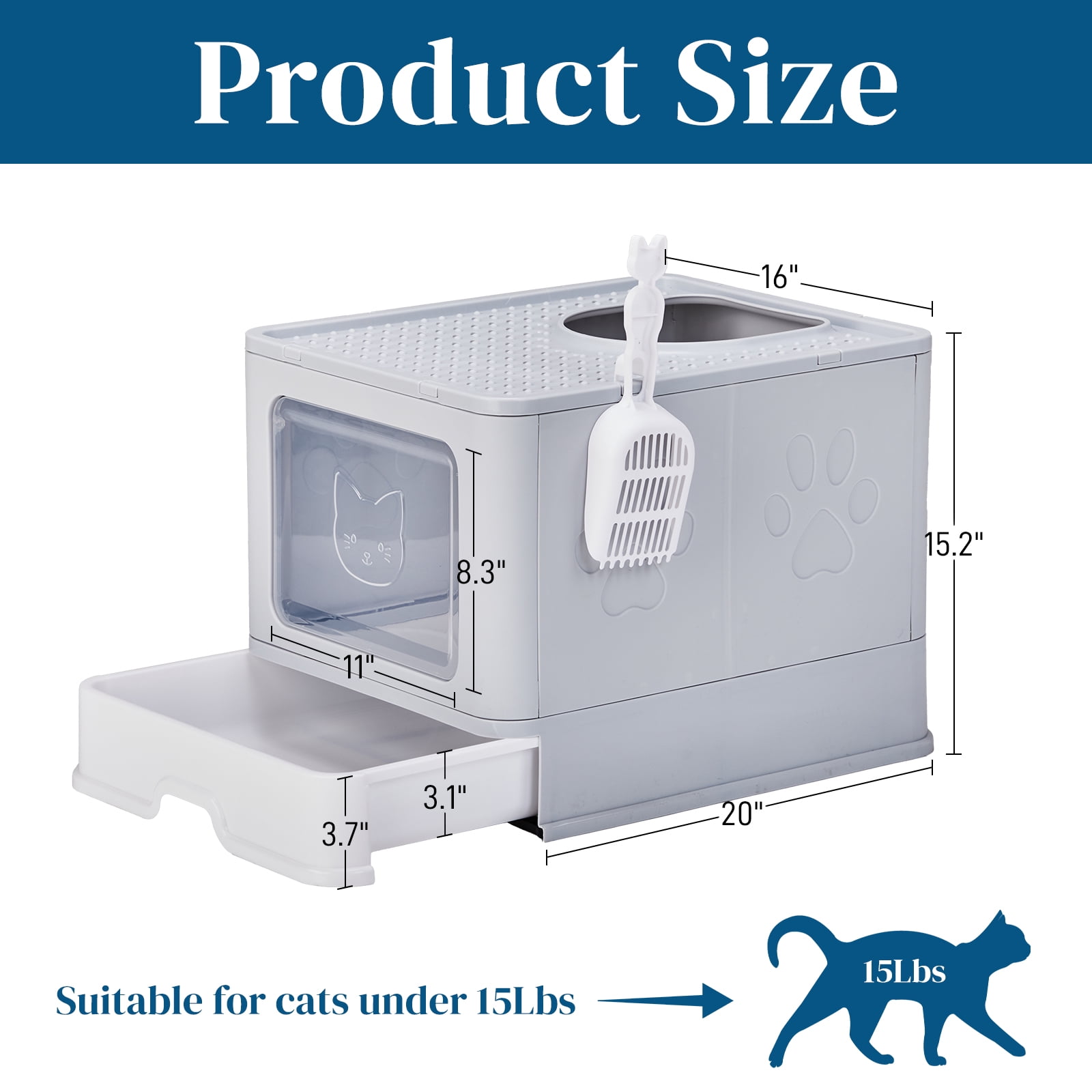 Large Enclosed Cat Litter Box with Lid Cover, Detachable Cat Toilet with Litter Scoop & Slide Out Tray, Front Entry Top Exit Door, Easy to Clean, Gray