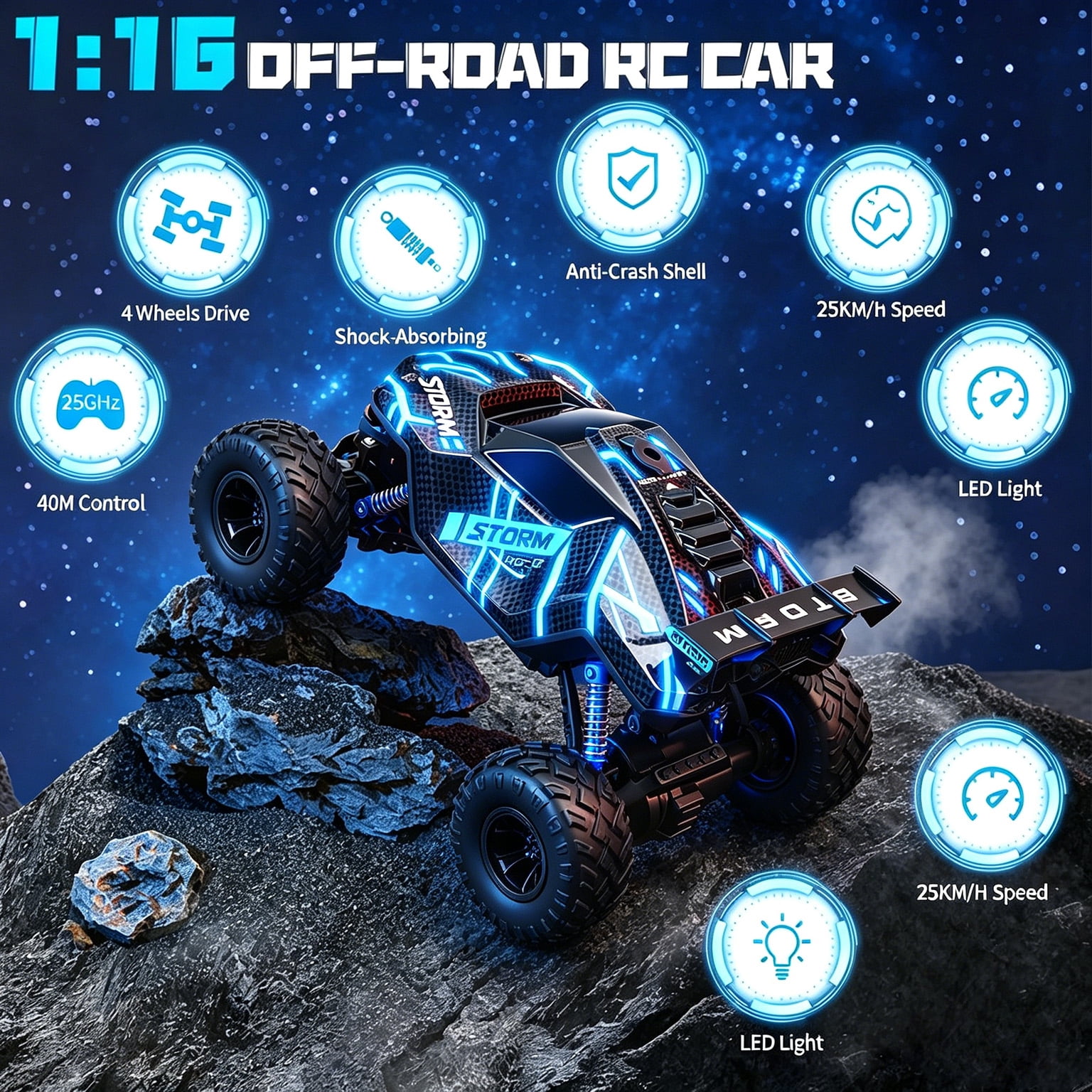 HNH 1:16 RC Car Remote Control Car, RC Monster Truck with Lights and Spray Function, All Terrain Off Road RC Monster Vehicle Truck for Kids, 2400Mah Battery