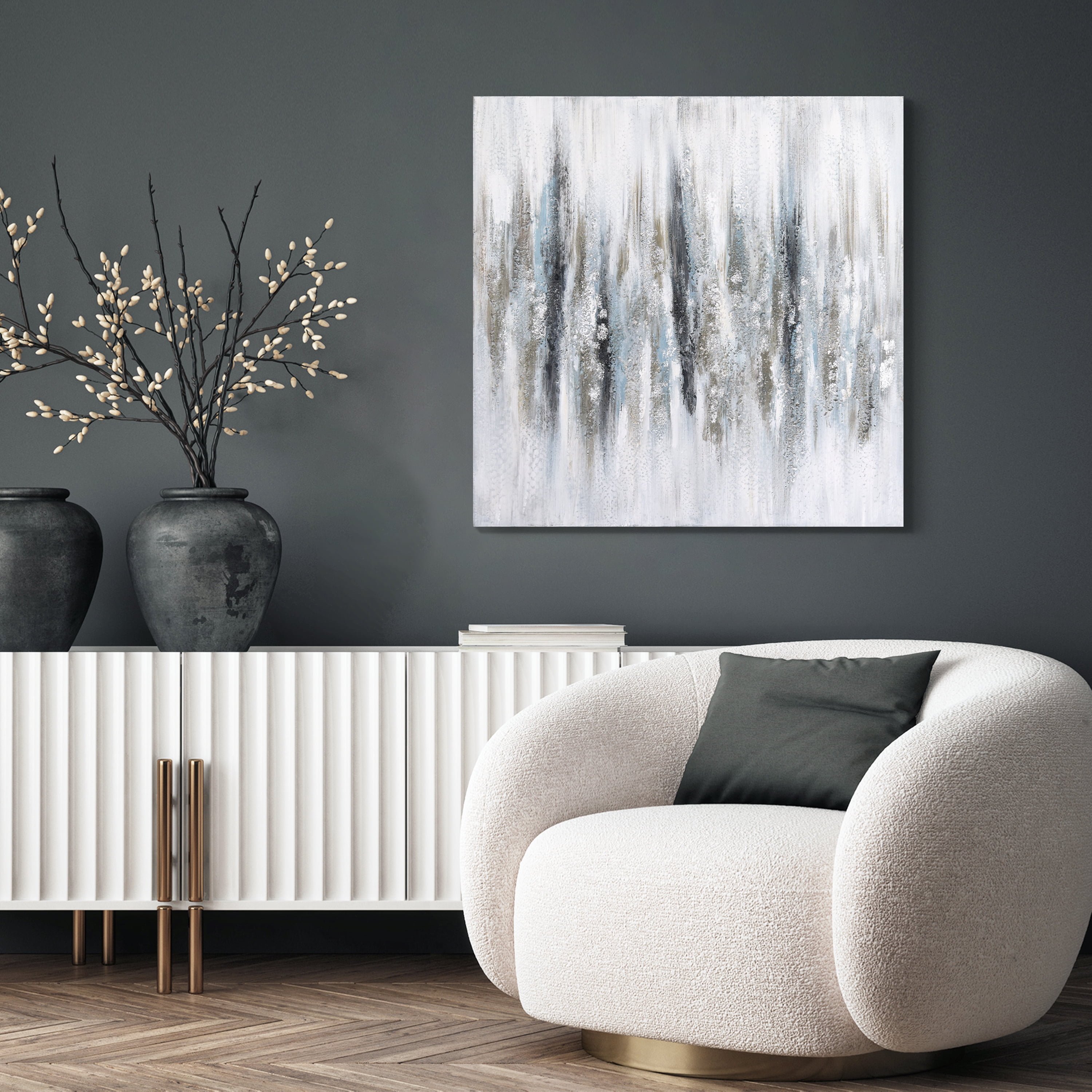 Silver Echoes Textured Hand Painted Framless Canvas Wall Art with Silver Glitter and Silver Leaf