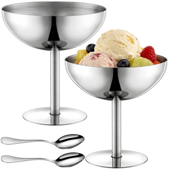 2 Pcs Stainless Steel Dessert Cups with Spoons Set, 8 oz Ice Cream Bowls, 7.1 x 4.7 in Sundae Cups, Food Serving Bowls for Ice Cream, Dessert, Salad, Fruit, Silver
