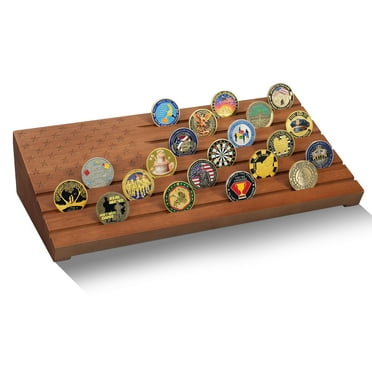 Atsknsk Challenge Coin Display Case Holder Holds 40 Coins, 6 Rows Solid Wood Military Coin Holder Display Rack with American Flag for Desk Display, Walnut