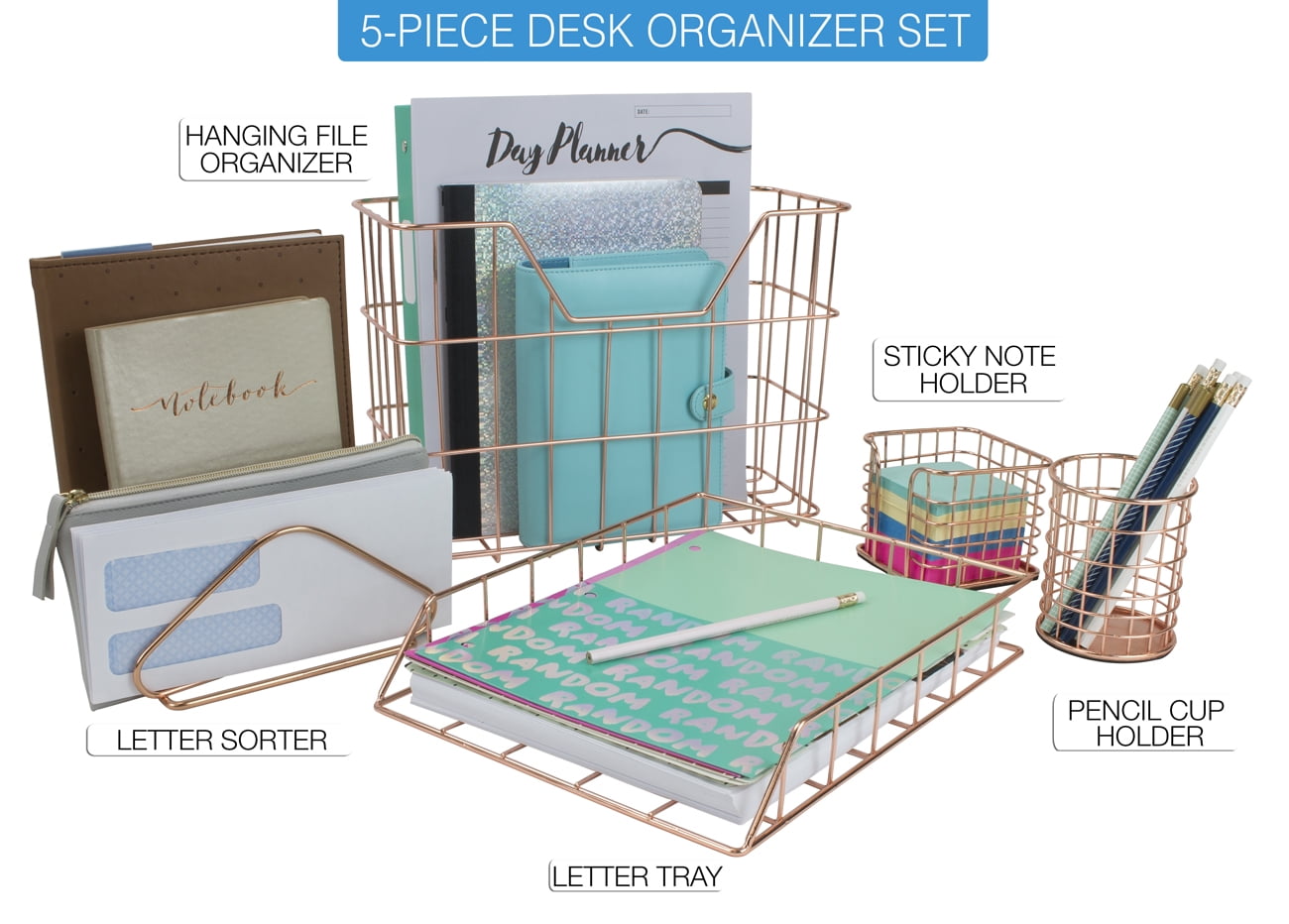 Wire Metal 5 In 1 Desk Organizer Set Letter Sorter Pencil Holder Stick Note Hanging File And Tray Copper