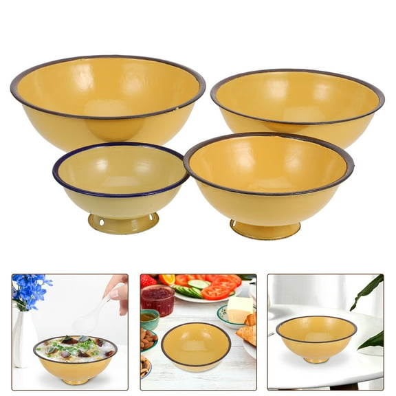 Masteelf Unbreakable Enamell Bowls 4pcs Enamelware Round Cereal Bowls Soup Rice Pasta Salad Bowl Dinner Plates Farmhouse Kitchen Bowls 13cm 16cm 18cm 20cm Yellow