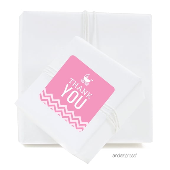 Bubblegum Pink Chevron Baby Shower Square Label Stickers, Thank You, 40-Pack