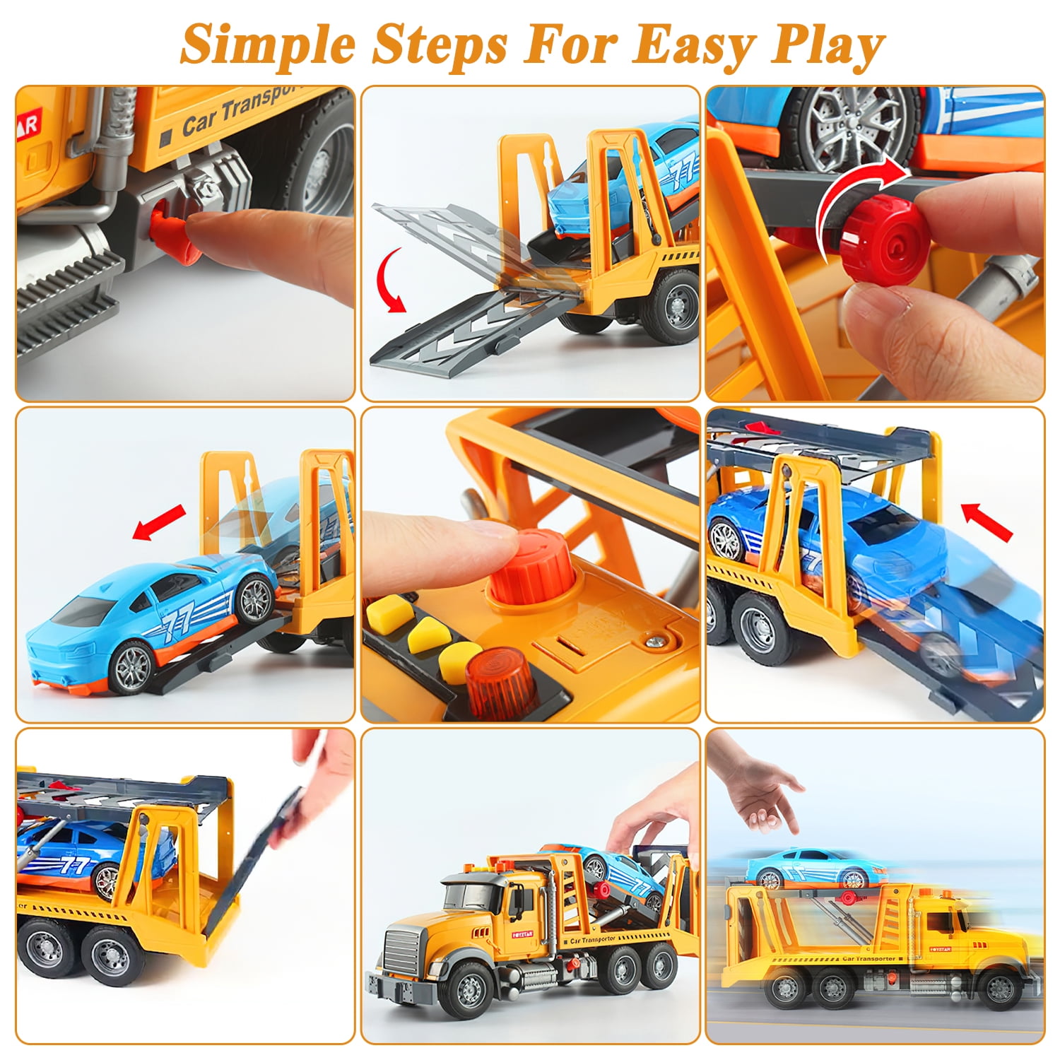 Kids City Carrier Truck with Car Toys, 15" Large Carrier Car Rescue Toy, Friction Powered Transport Rescue Truck Toy with Lights and Sounds, Play Vehicle Toys for Kids