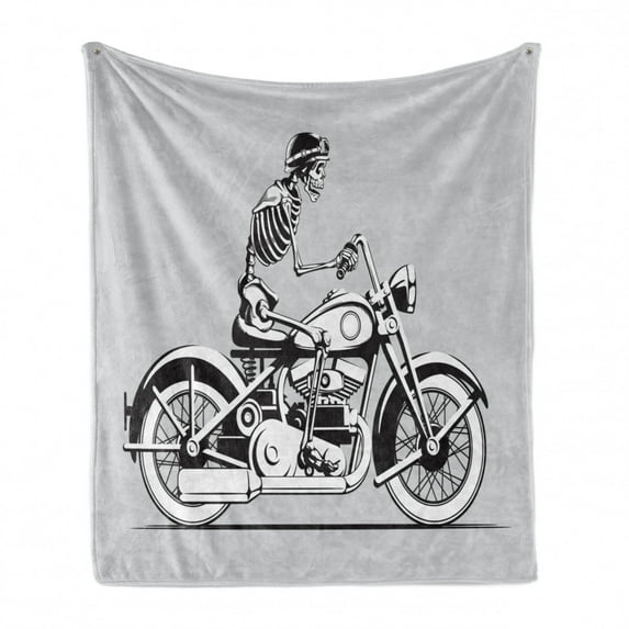 Skeleton Soft Flannel Fleece Throw Blanket, Vintage Themed Halloween Riding Motorcycle with Hat, Cozy Plush for Indoor and Outdoor Use, 60" x 80", Pale Grey Charcoal Grey, by Ambesonne