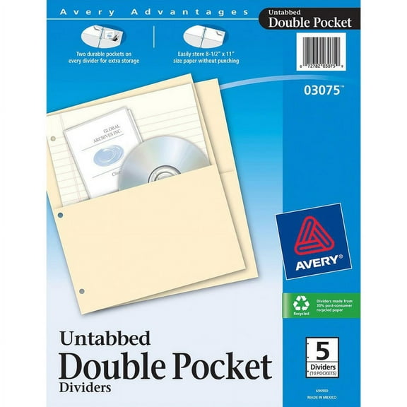 Avery; Untabbed Double Pocket Dividers - 11.1" Height x 9.3" Width - 2 x Pockets Capacity - For Letter 8 1/2" x 11" Sheet - Ring Binder - Rectangular - Buff - 5 / Pack | Bundle of 5 Packs