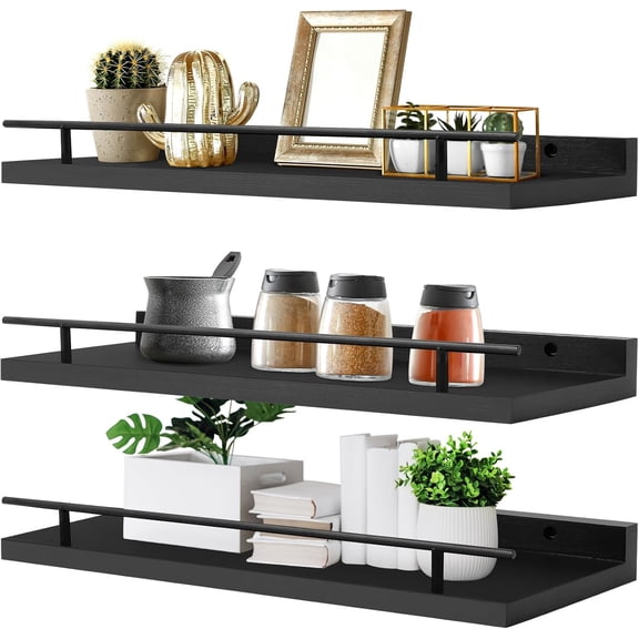 Floating Shelves Wall Mounted Set of 3, Black Wood Storage Shelf, Bathroom Wall Shelves Over Toilet, Floating Shelf for Bathroom Living Room Bedroom Kitchen Office